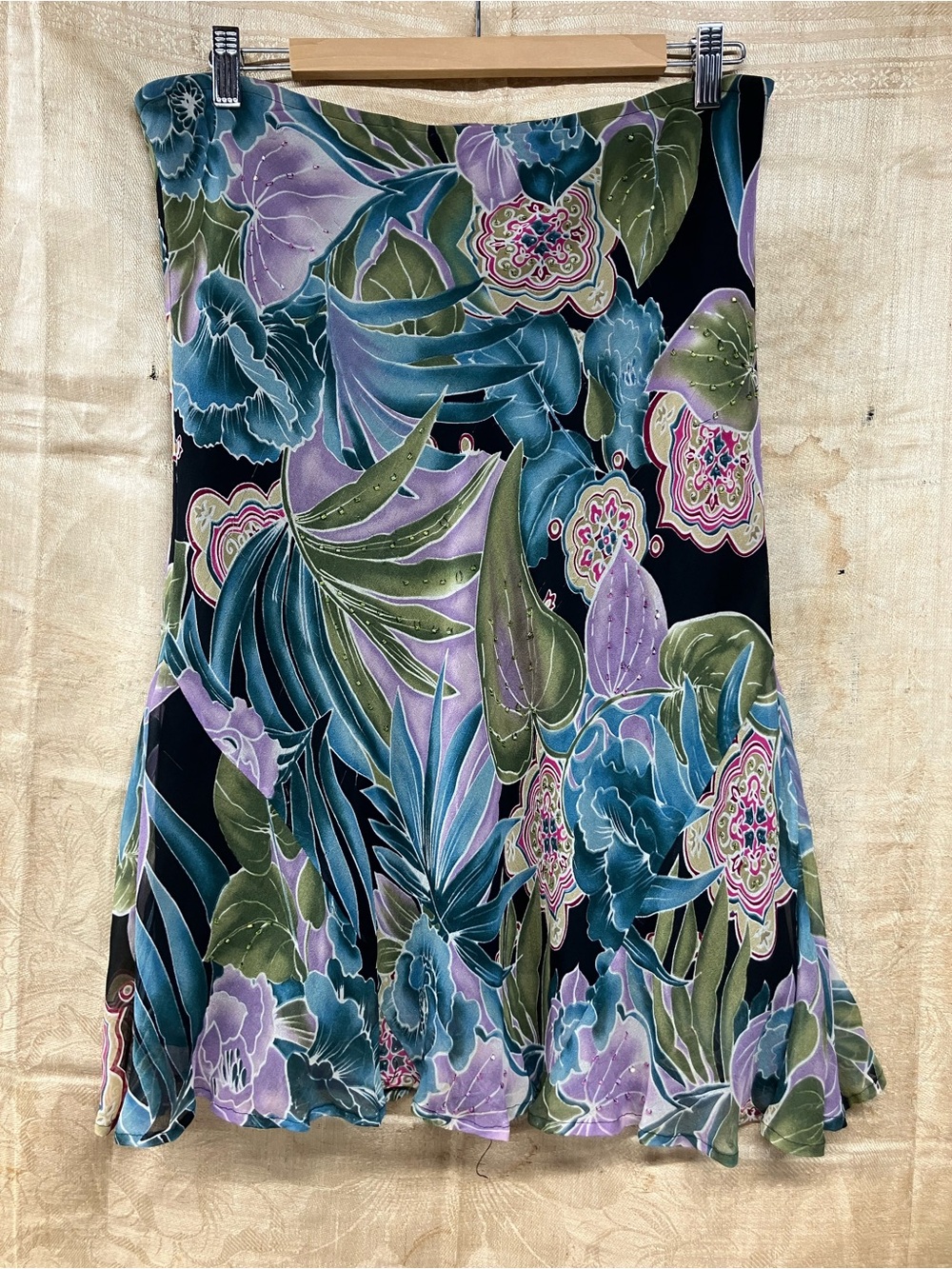 New York City Design Co Silk Chiffon Skirt in Teal, Lavender & Green Print